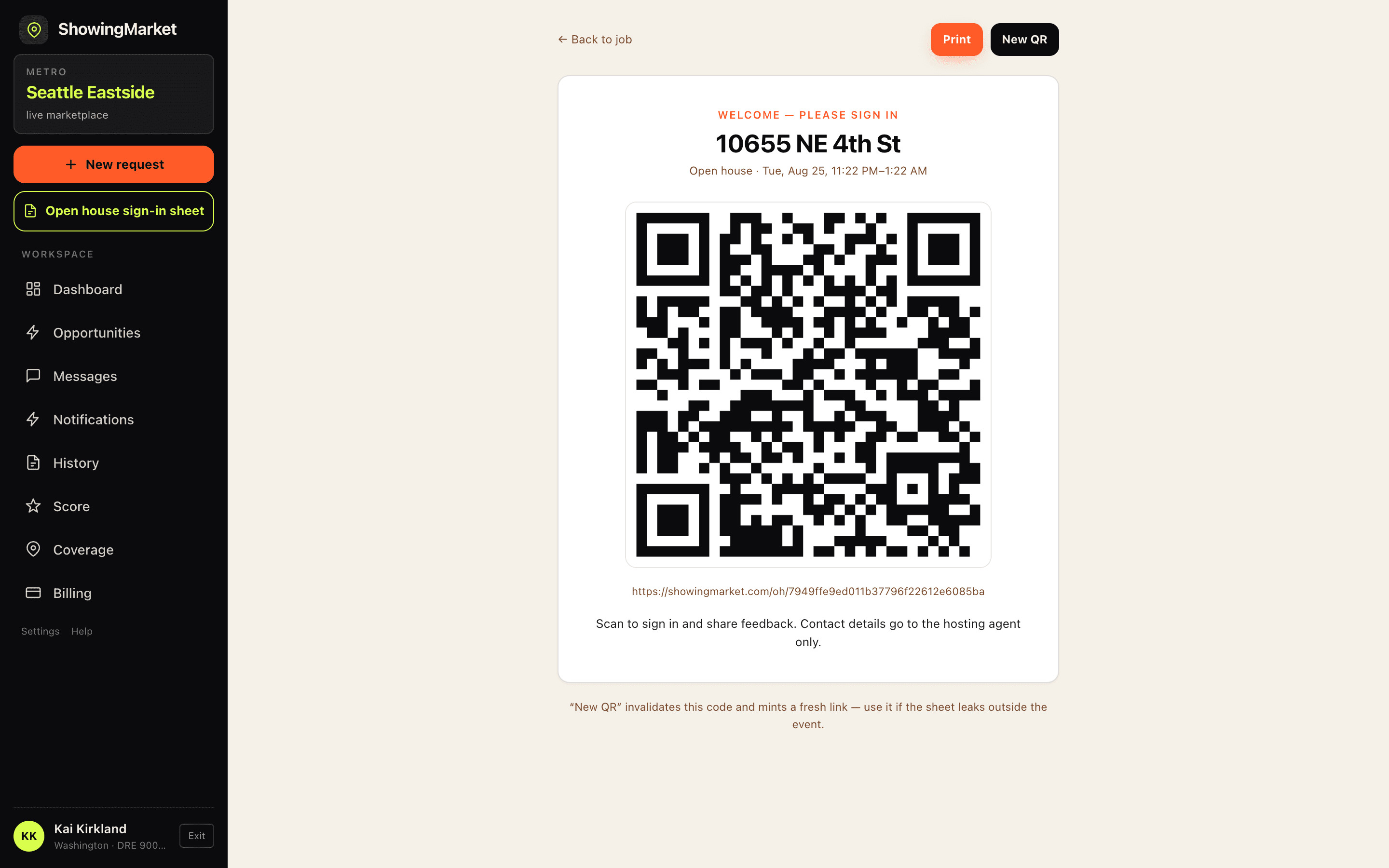 Printable open house QR sign-in sheet with the property address