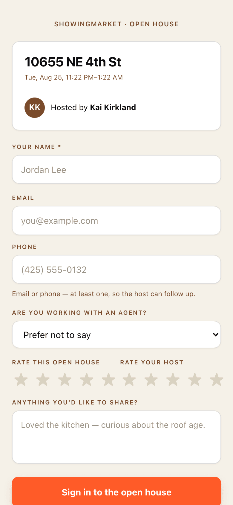 Attendee sign-in form on a phone with star ratings