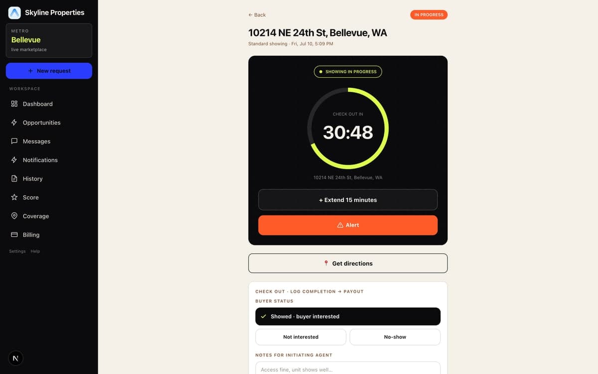 The ShowingMarket in-progress showing screen: countdown safety timer, check-out button, and the fee that releases on approval
