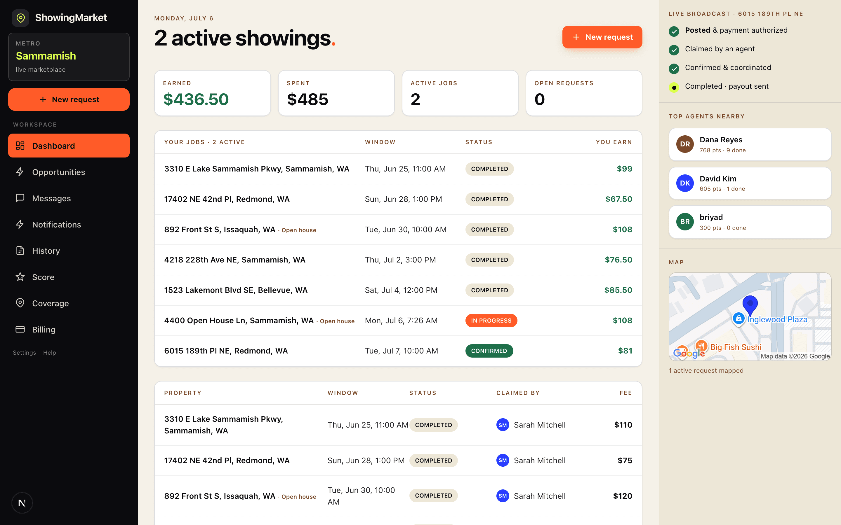 ShowingMarket dashboard — an active open house in progress, live broadcast status, top agents, and a live map