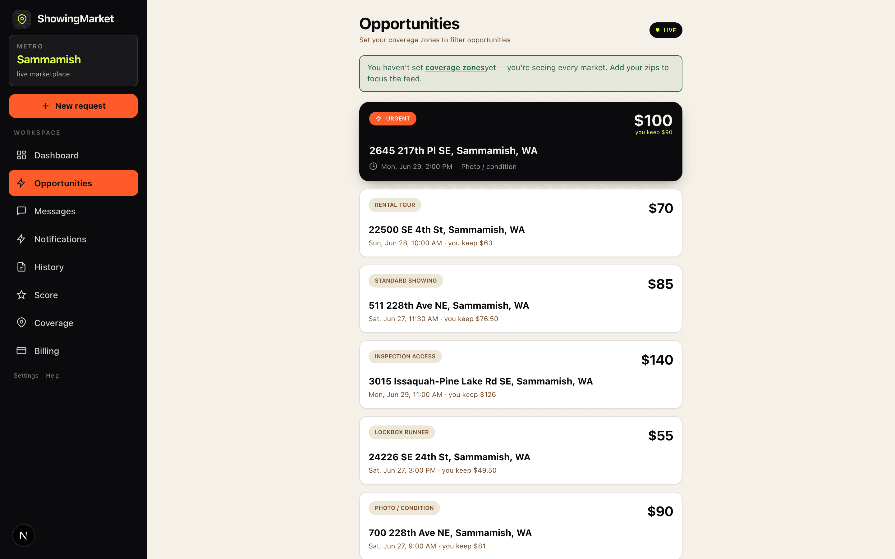 Opportunities feed showing nearby paid showing requests with fees