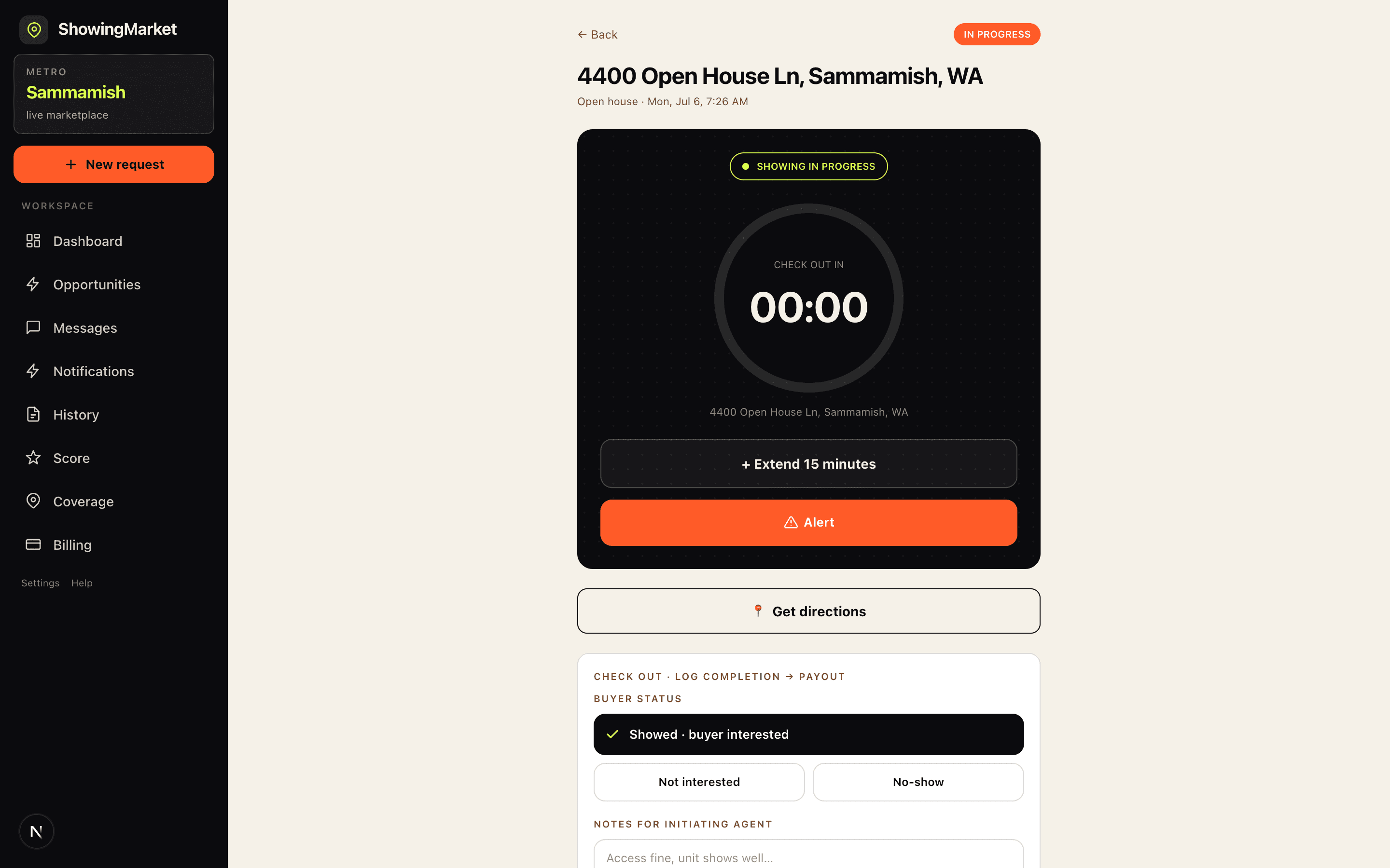 An in-progress showing with countdown timer, check-out flow, and payout amount