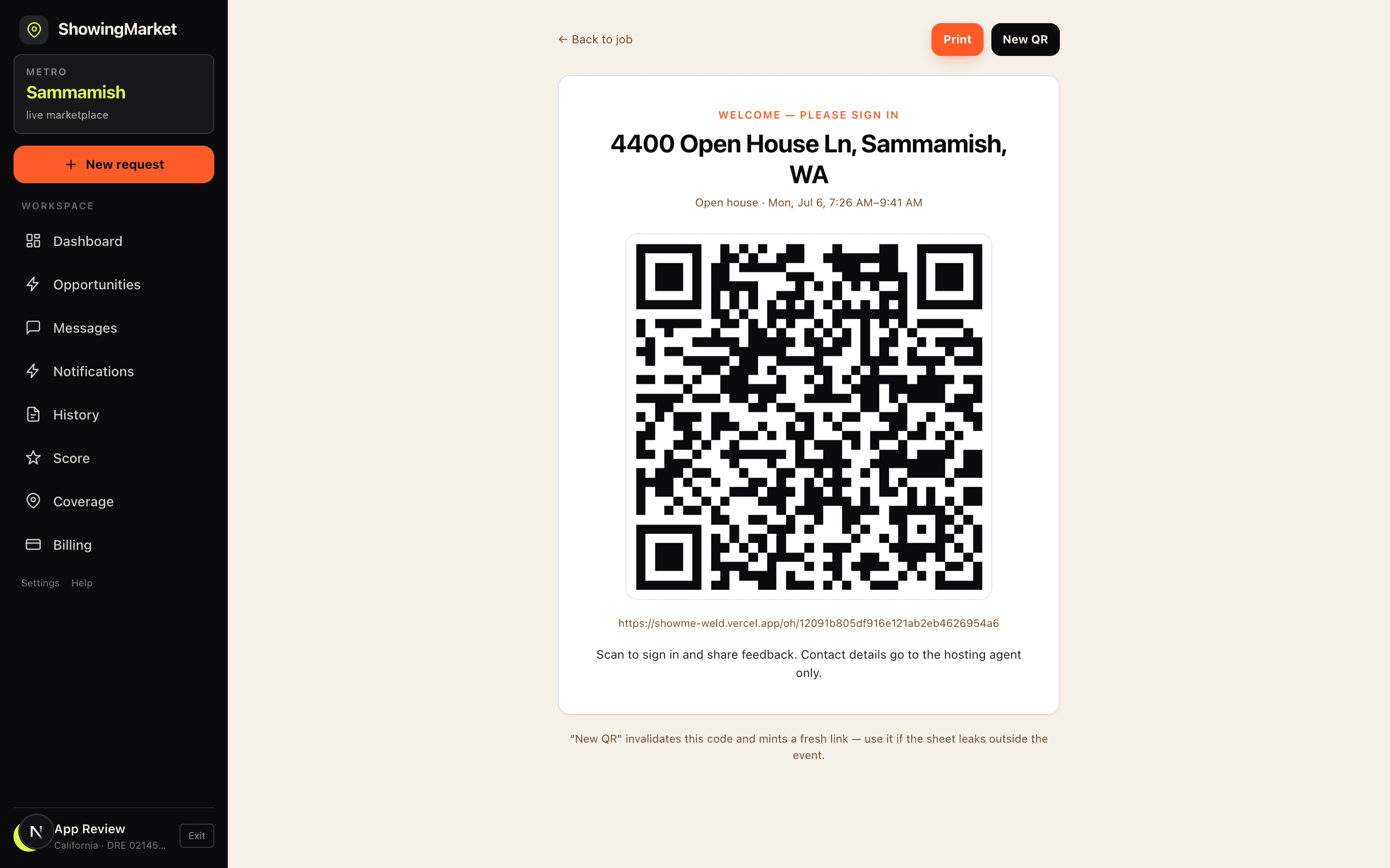 Printable open house QR sign-in sheet with the property address