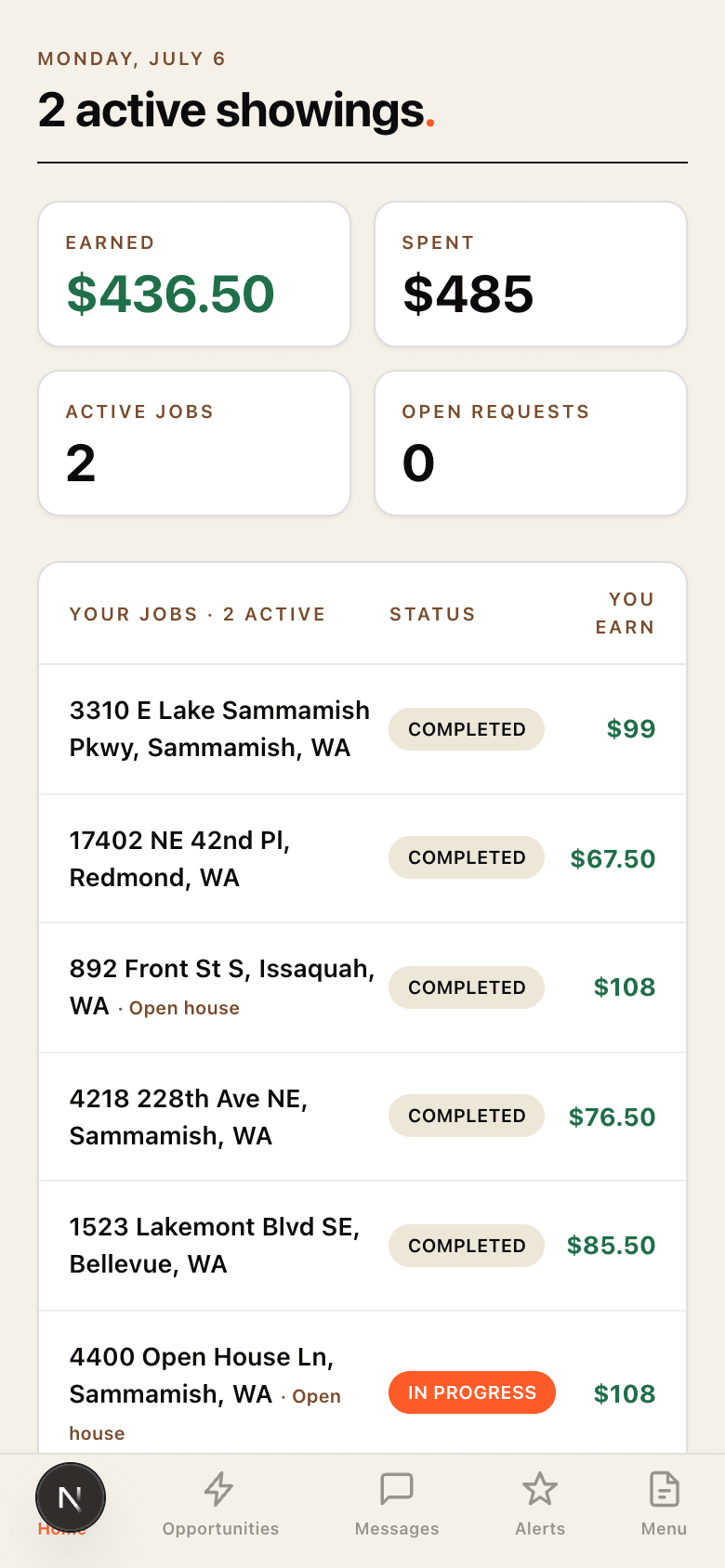 The same dashboard in the ShowingMarket mobile app