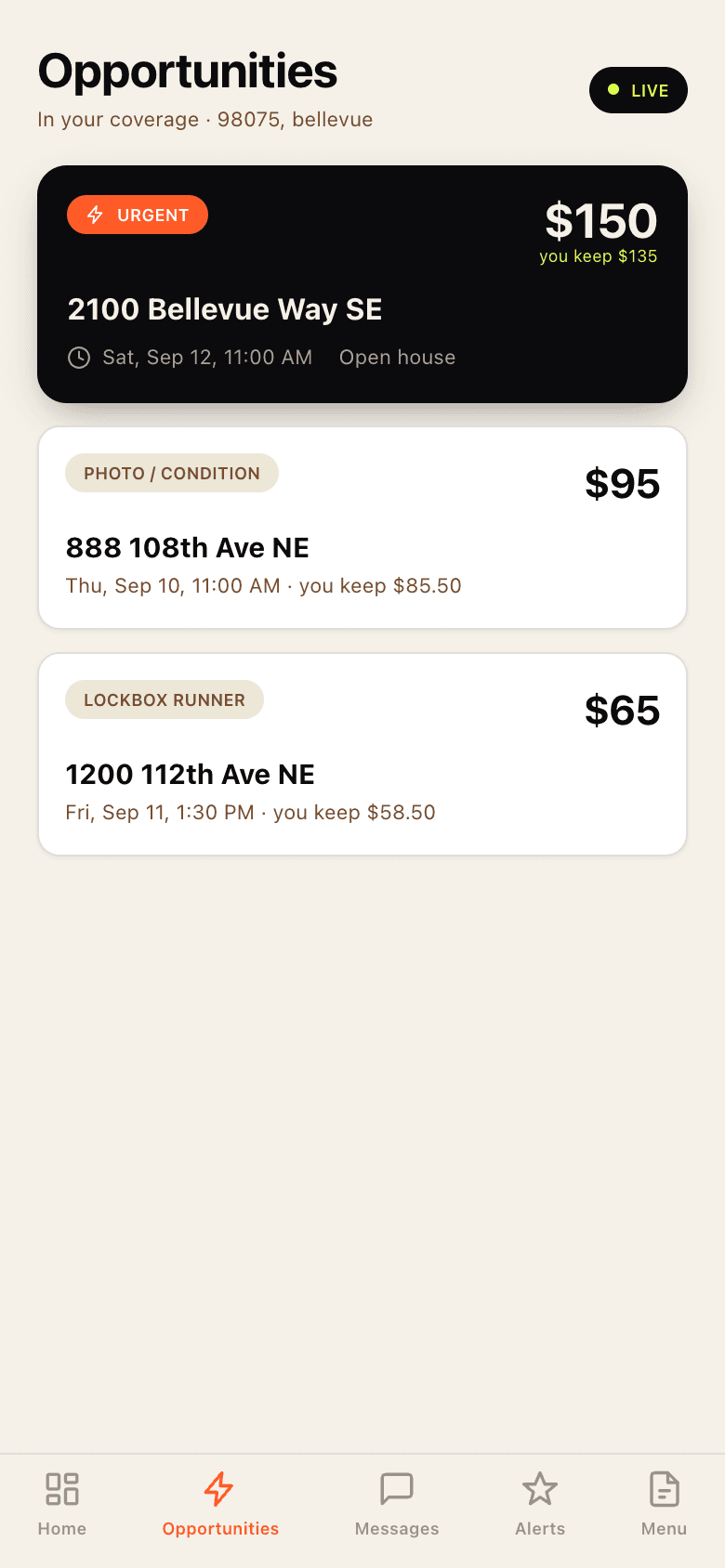 ShowingMarket opportunities feed on a phone: three live requests in Bellevue — a $150 open house showing the agent keeps $135, a $95 photo and condition visit, and a $65 lockbox run, each with its date and time window