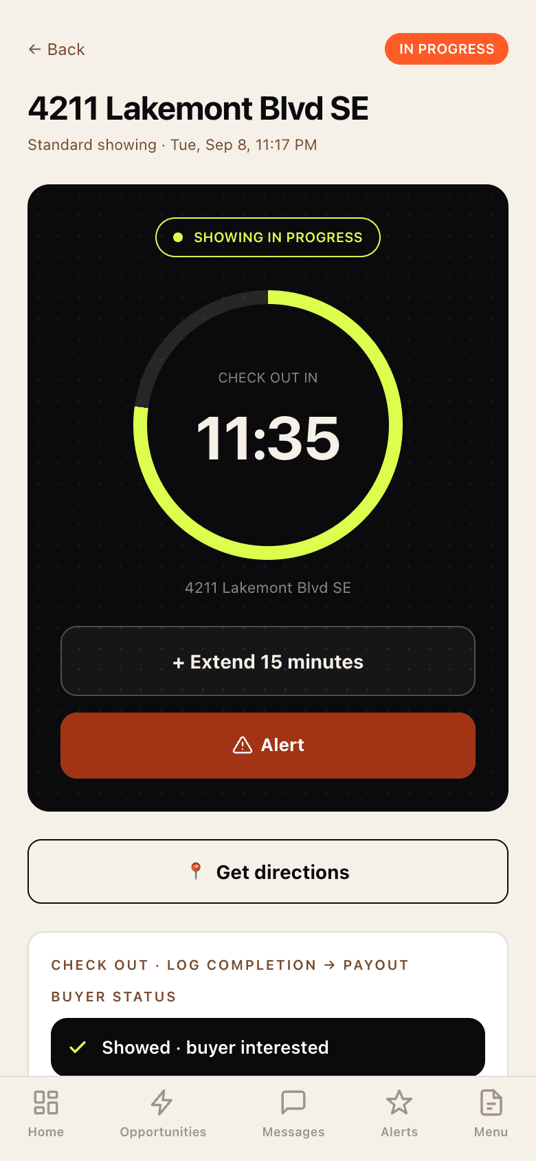 ShowingMarket job screen on a phone: a standard showing in progress at 4211 Lakemont Blvd SE with a check-out countdown at 11:35, Extend 15 minutes and Alert buttons, Get directions, and a check-out panel with buyer status marked Showed, buyer interested