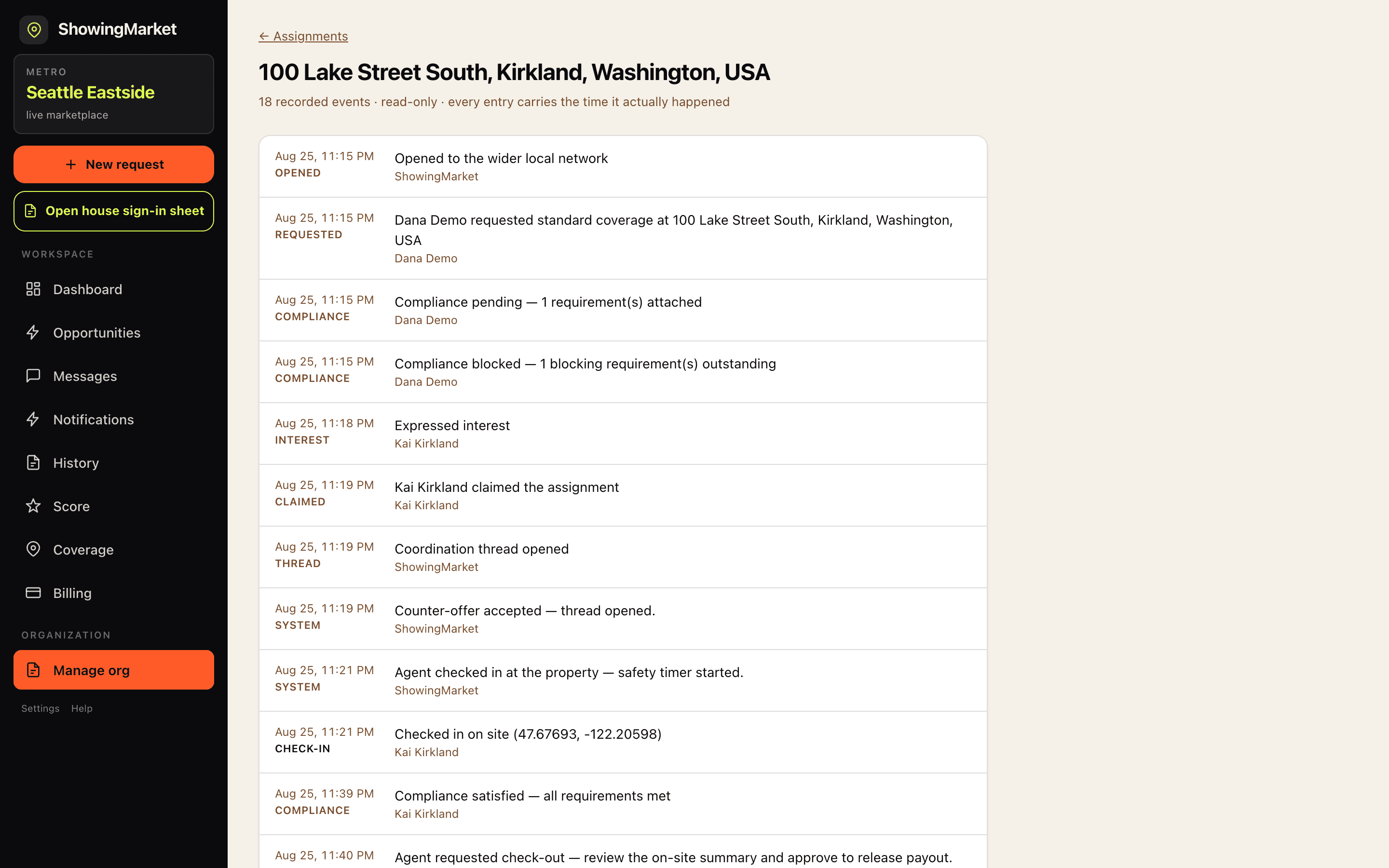 ShowingMarket assignment audit trail on desktop: 18 recorded events for a Kirkland showing — requested, compliance pending then blocked then satisfied, claimed, coordination thread opened, safety timer started, and a check-in on site with GPS coordinates