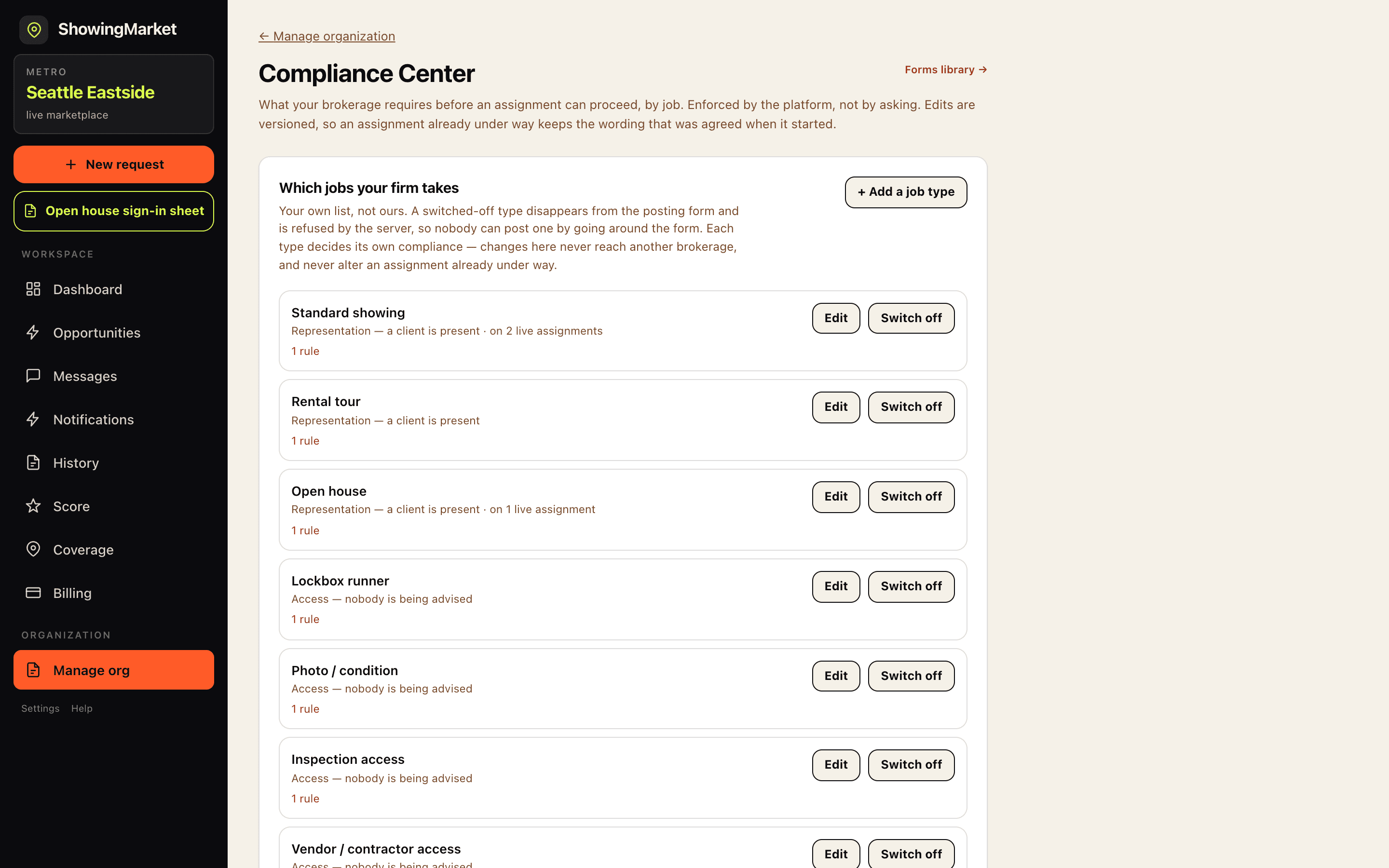 ShowingMarket Compliance Center on desktop: the firm's list of job types — standard showing, rental tour, open house, lockbox runner, photo and condition, inspection access — each with its own rule count, edit and switch-off controls