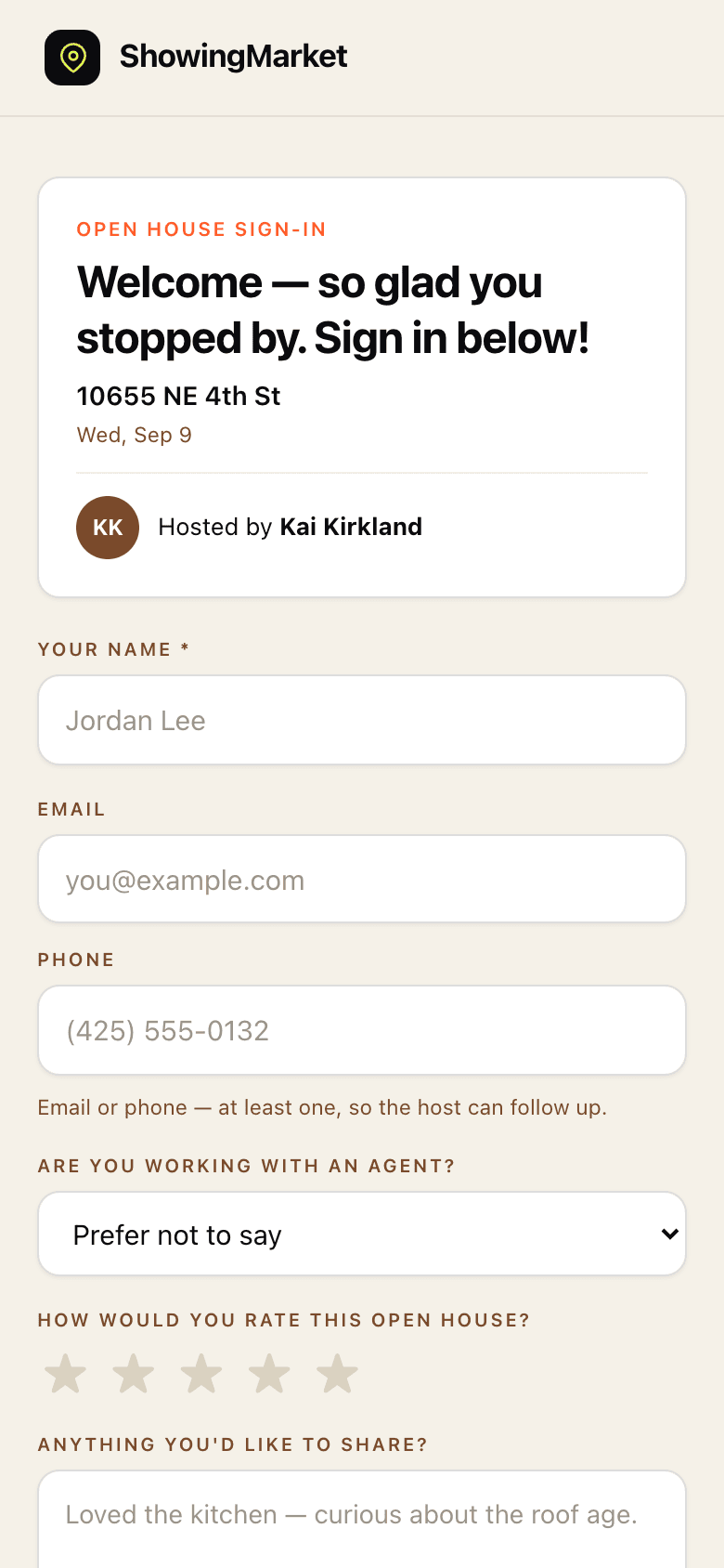 ShowingMarket open-house sign-in form on a phone: a welcome message, the property address and host, fields for name, email and phone, an are-you-working-with-an-agent question, star ratings and a comments box