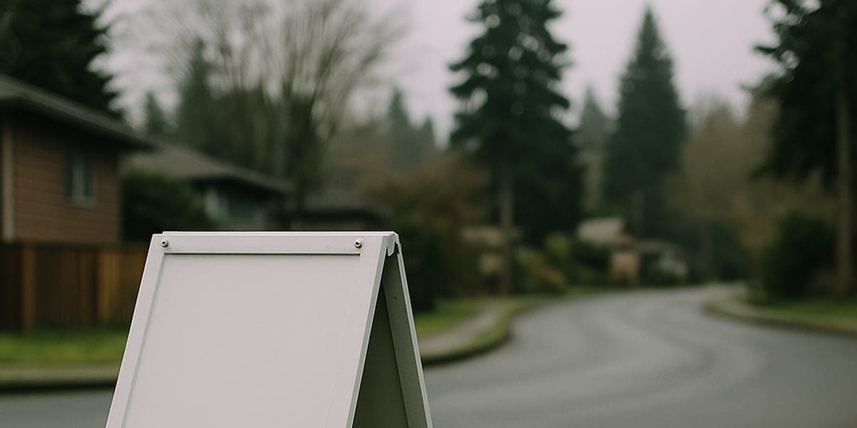 A blank A-frame sandwich board standing on a grass verge at a quiet Pacific Northwest street corner