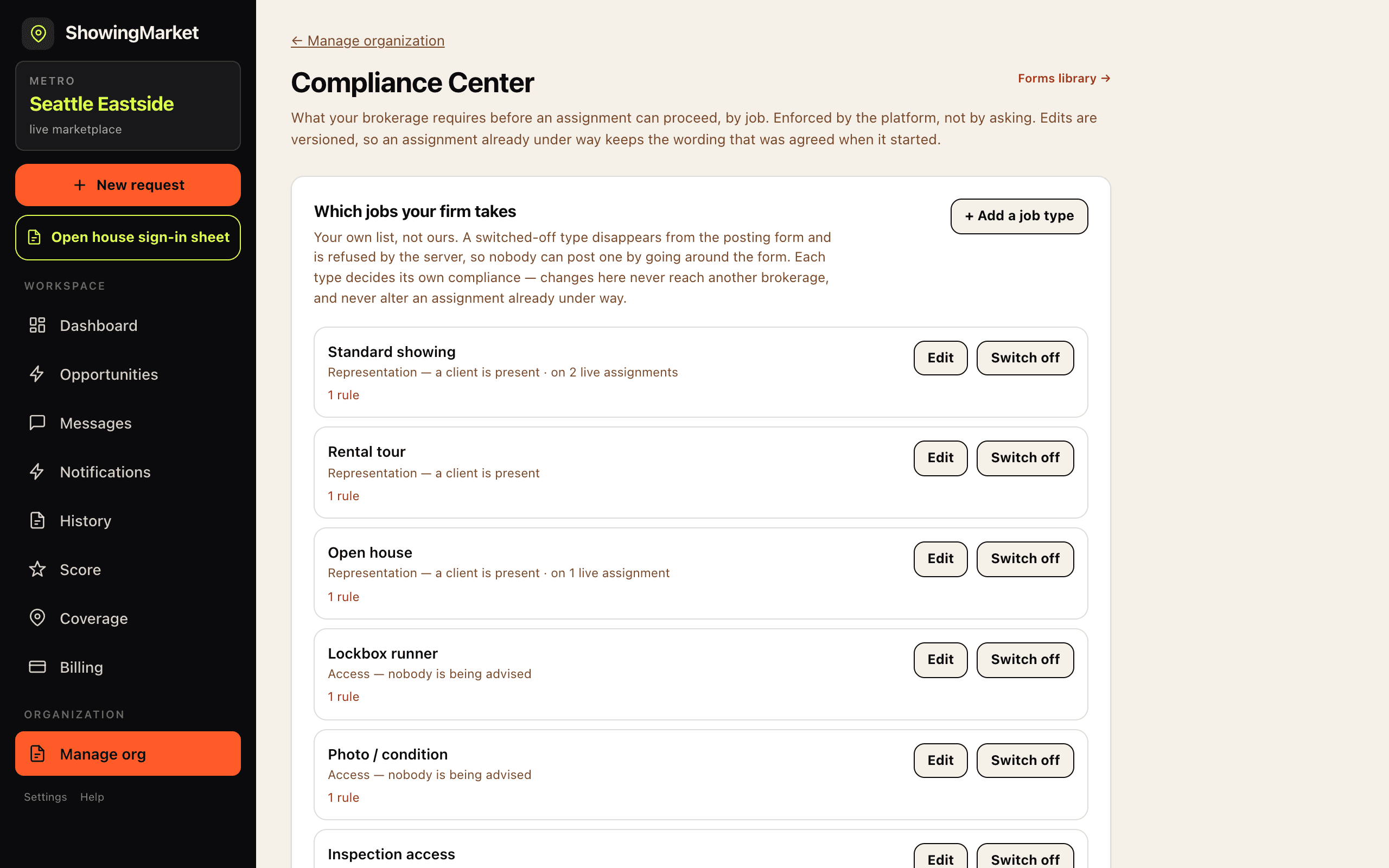 ShowingMarket Compliance Center: job types with their required forms, the moment each requirement is due, and published versions