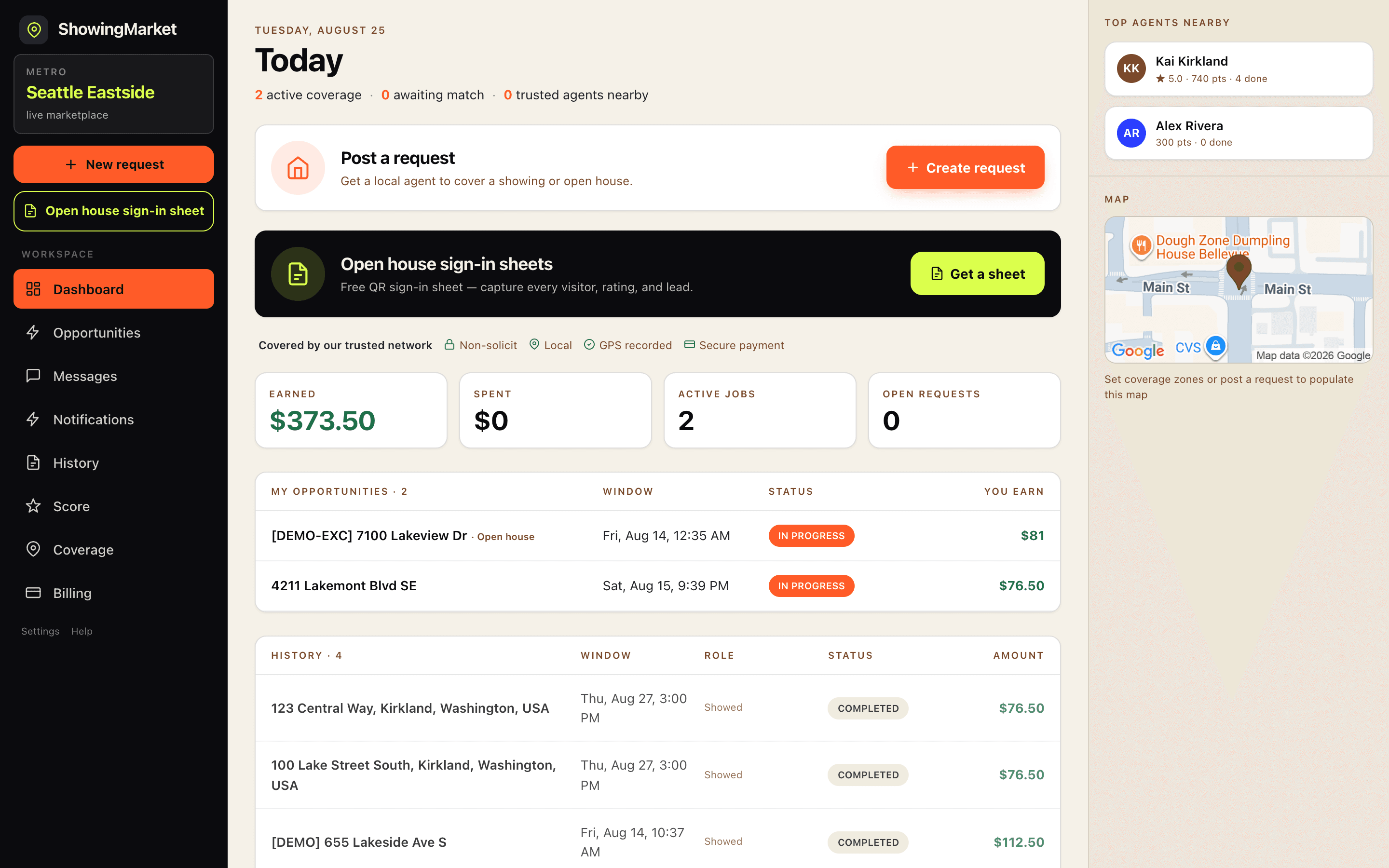 ShowingMarket dashboard tracking an in-progress open house: matched licensed agent, posted-to-feedback timeline, live GPS and payment status