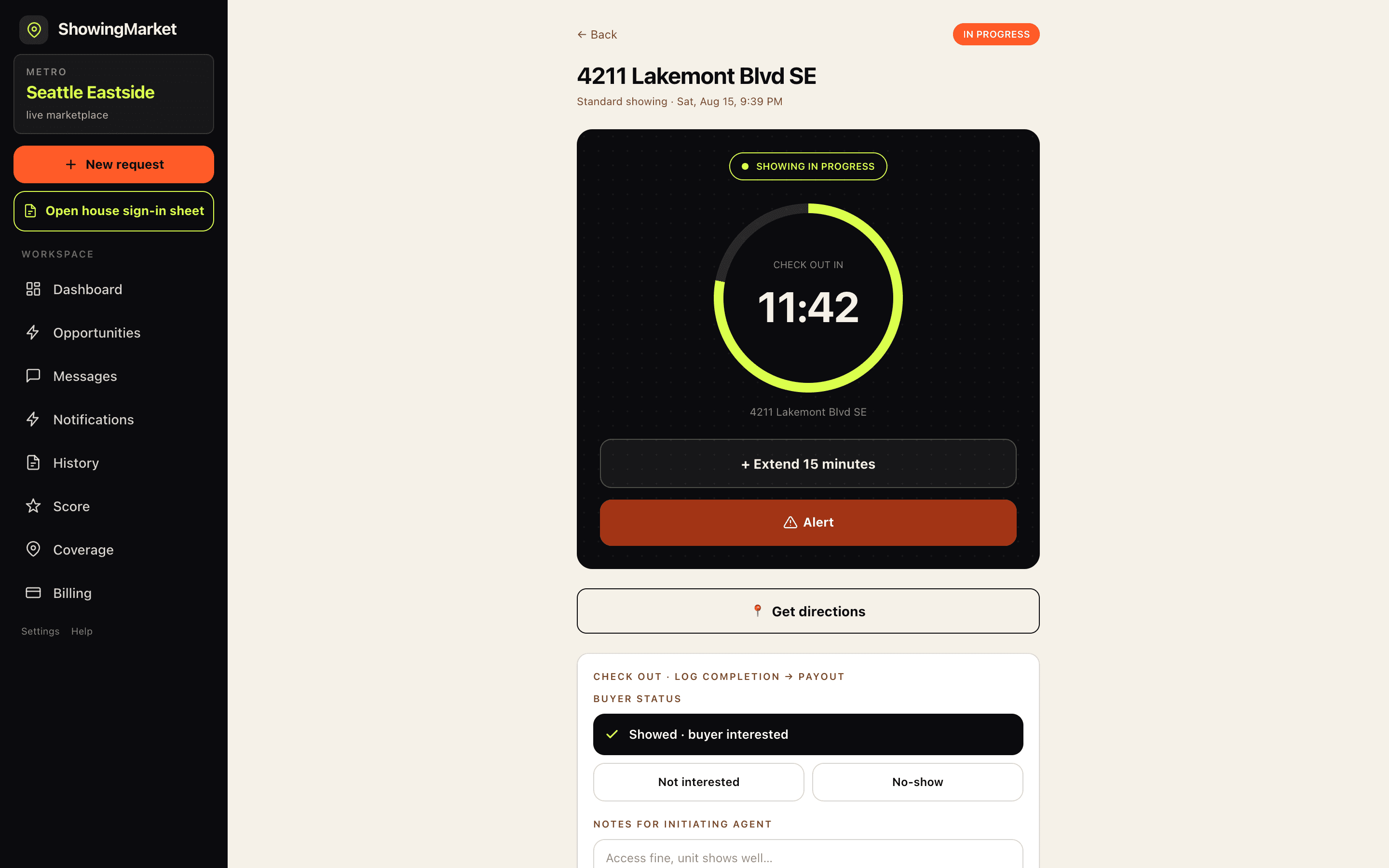 An in-progress ShowingMarket job with GPS check-in confirmed, safety timer counting down, and the check-out flow