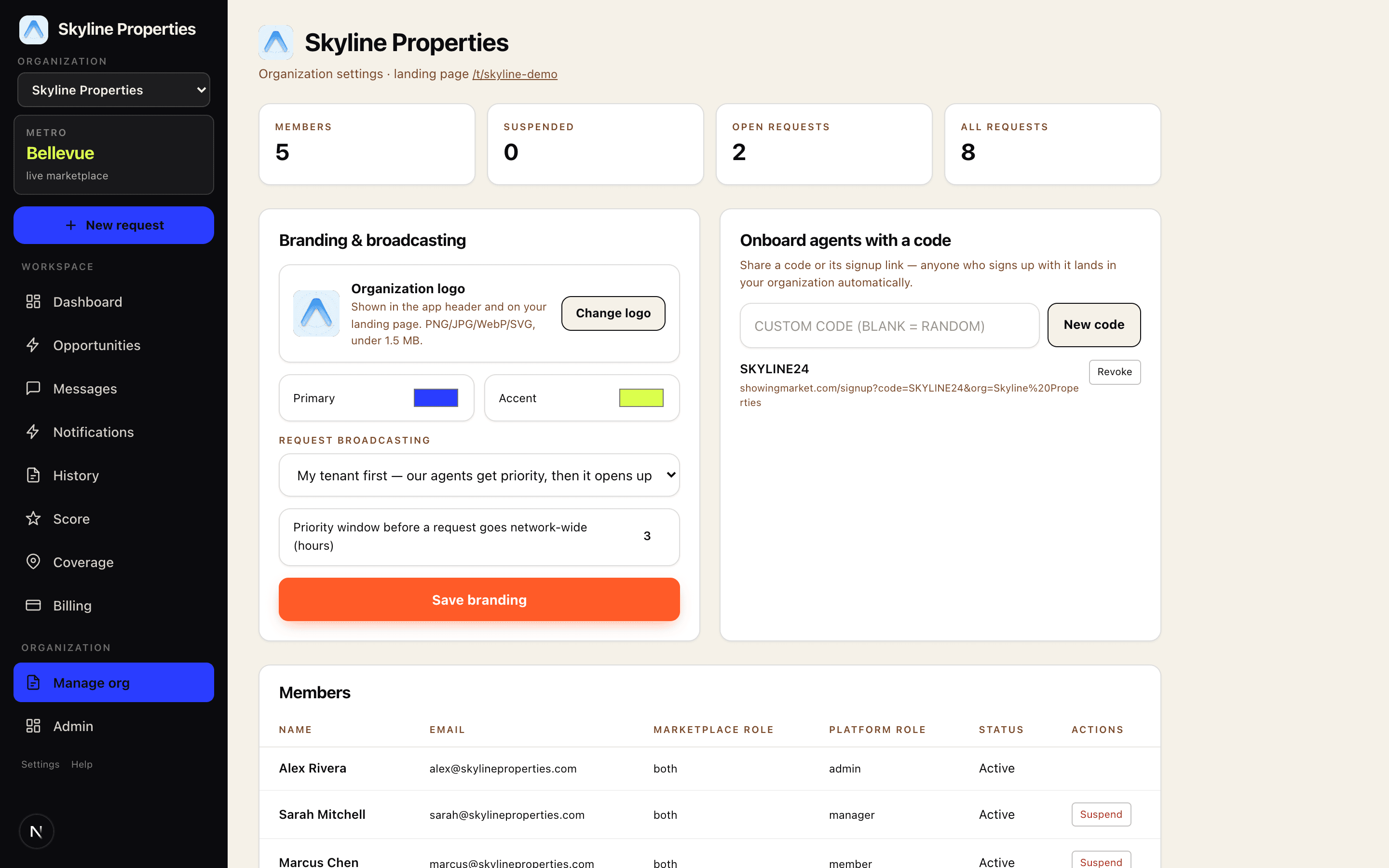 ShowingMarket organization console: member roster with suspend controls, join codes with signup links, branding and broadcast-mode settings