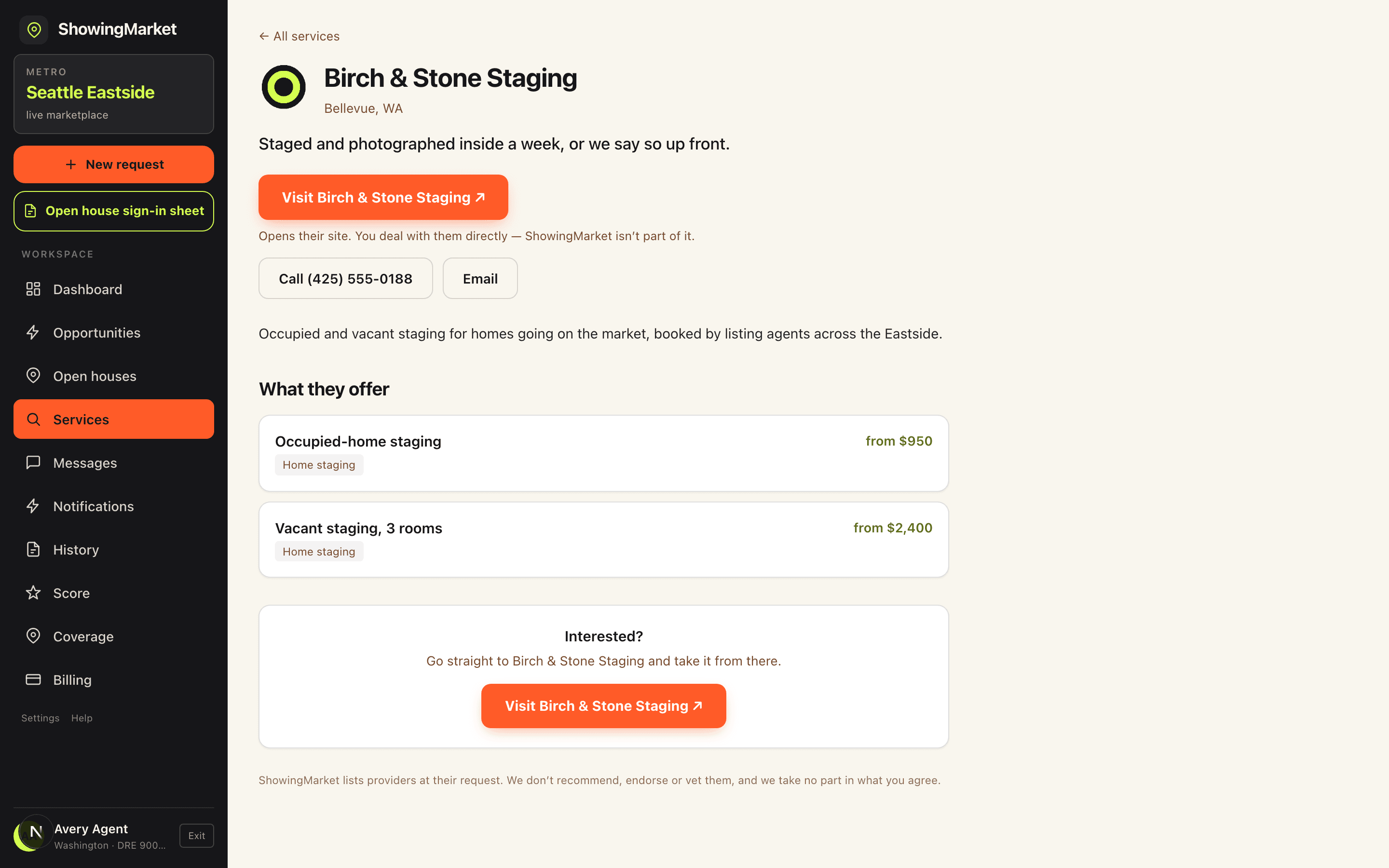 One listing opened: the business name and area, a button through to their own website, Call and Email buttons, and their services with prices
