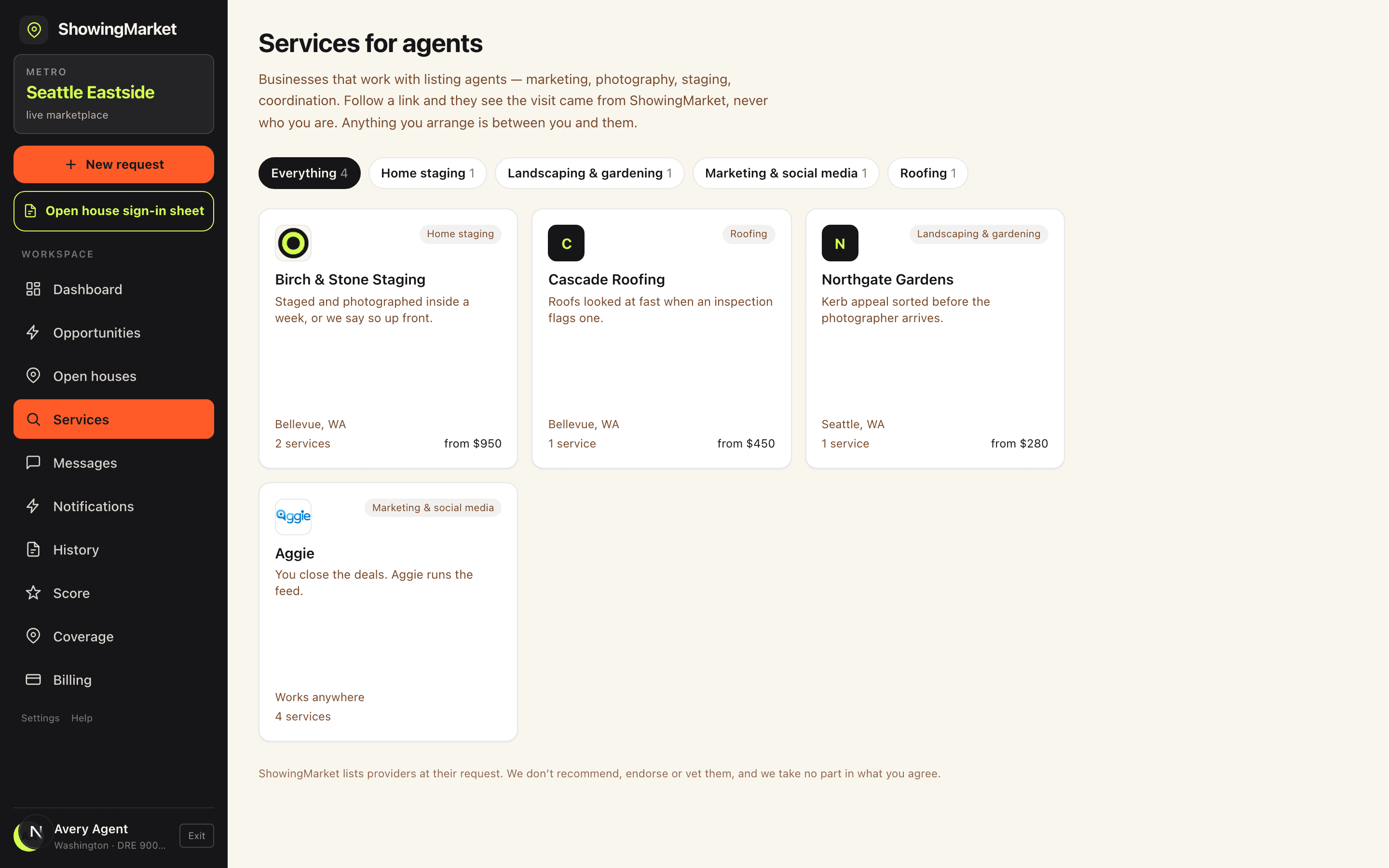 The services tab inside ShowingMarket: a grid of square listings, each with a logo, what they do, the area they cover and their cheapest price, above category filters showing how many businesses are in each